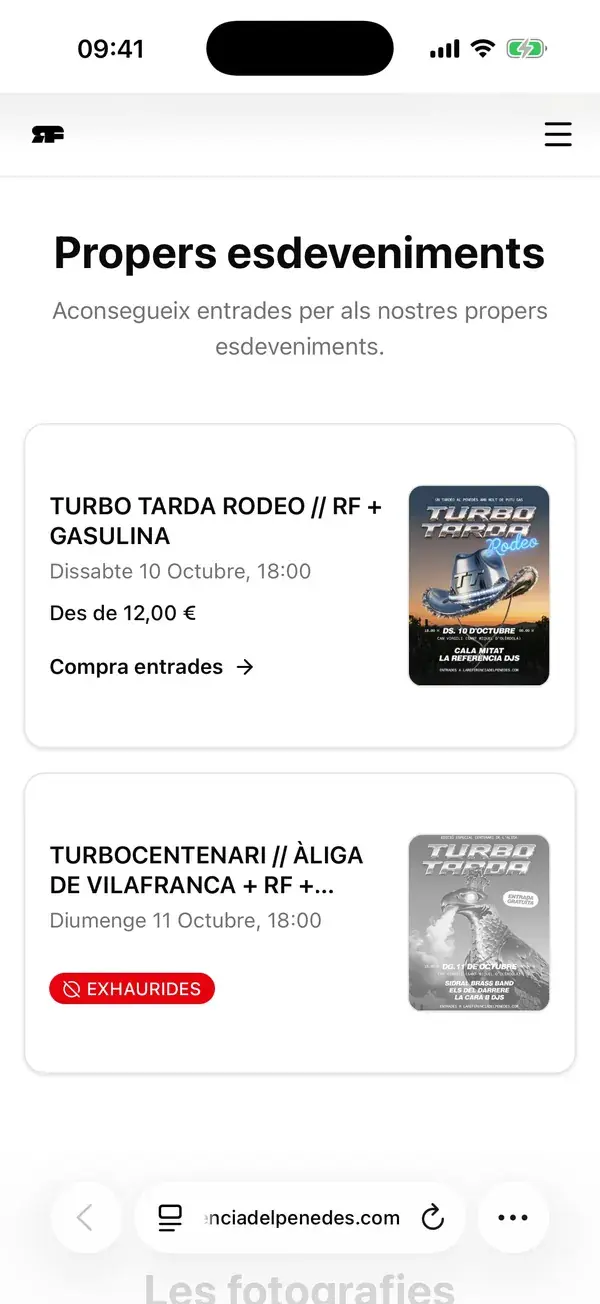 Agenda de propers esdeveniments de La Referència al mòbil, amb la Turbo Tarda Rodeo i el TurboCentenari