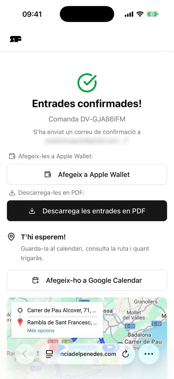 Pas 3: entrades confirmades, amb Apple Wallet, PDF i Google Calendar