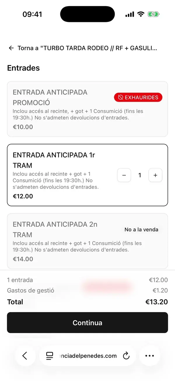 Compra d’entrades de la Turbo Tarda Rodeo al mòbil, amb la promoció exhaurida i el 1r tram a la venda