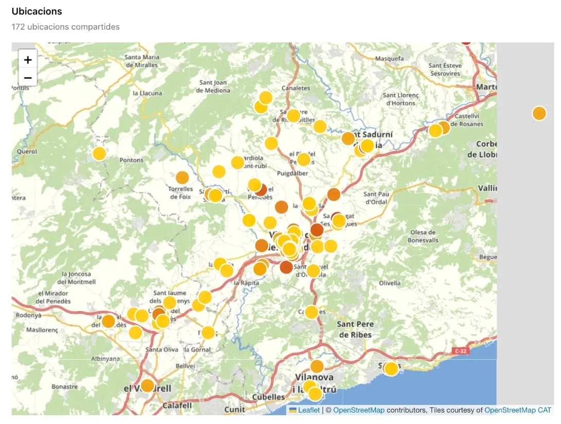 Mapa amb les ubicacions des d'on compra el públic d'un club