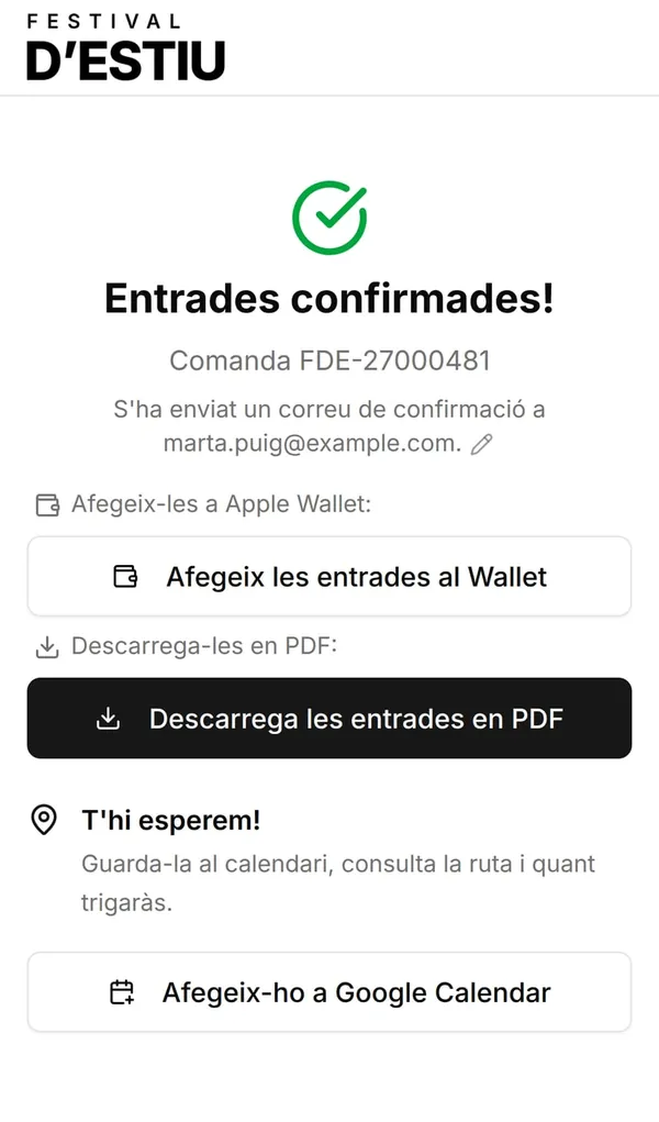 Confirmació de compra amb botons per afegir les entrades a la Wallet, descarregar-les en PDF i guardar-les al calendari