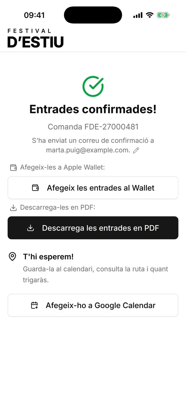 Order confirmation with buttons to add the tickets to the wallet, download them as PDF and save them to the calendar