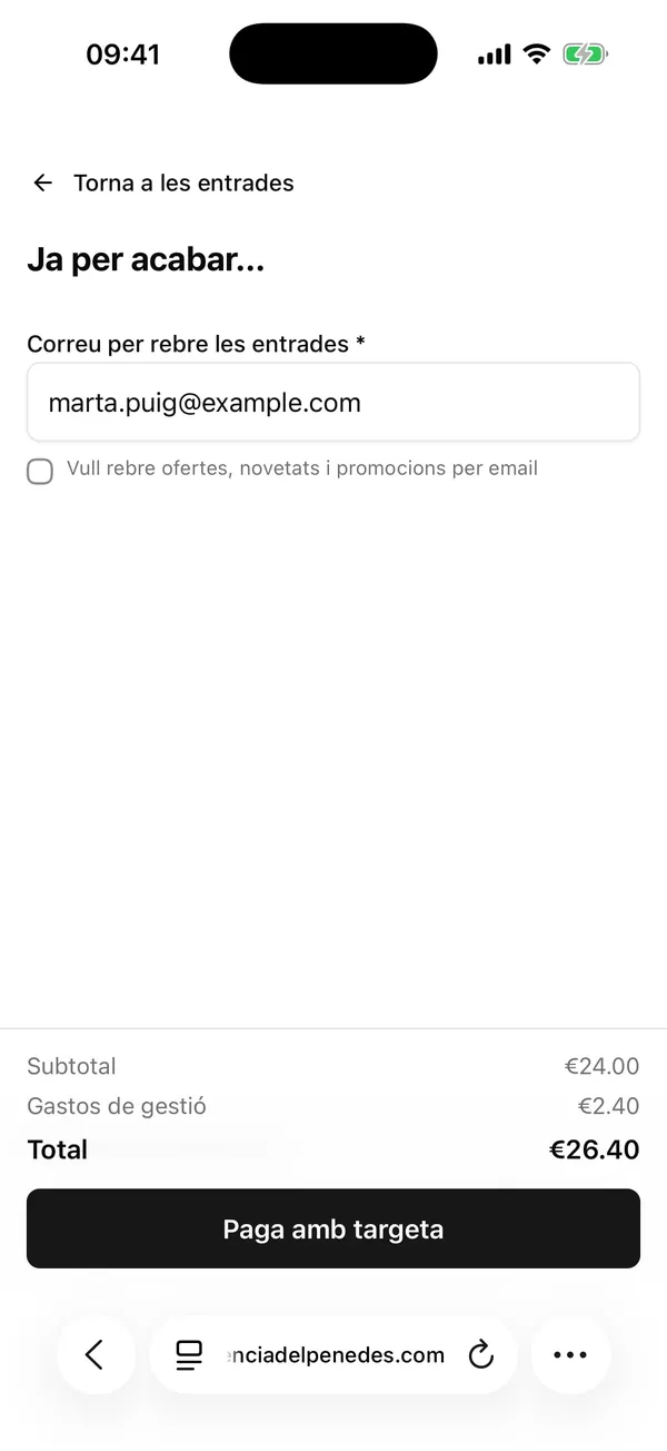 Últim pas de la compra: només cal el correu per rebre les entrades