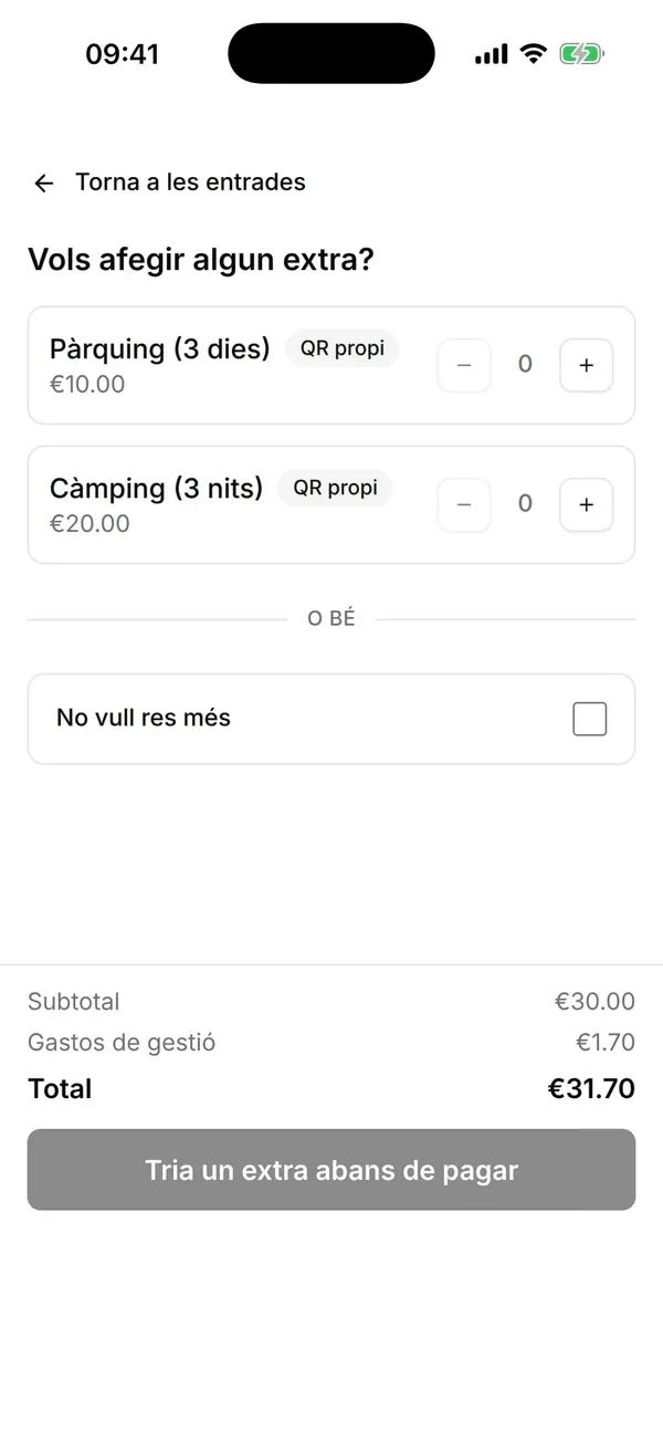 Checkout add-ons step with parking and camping, each with its own QR code