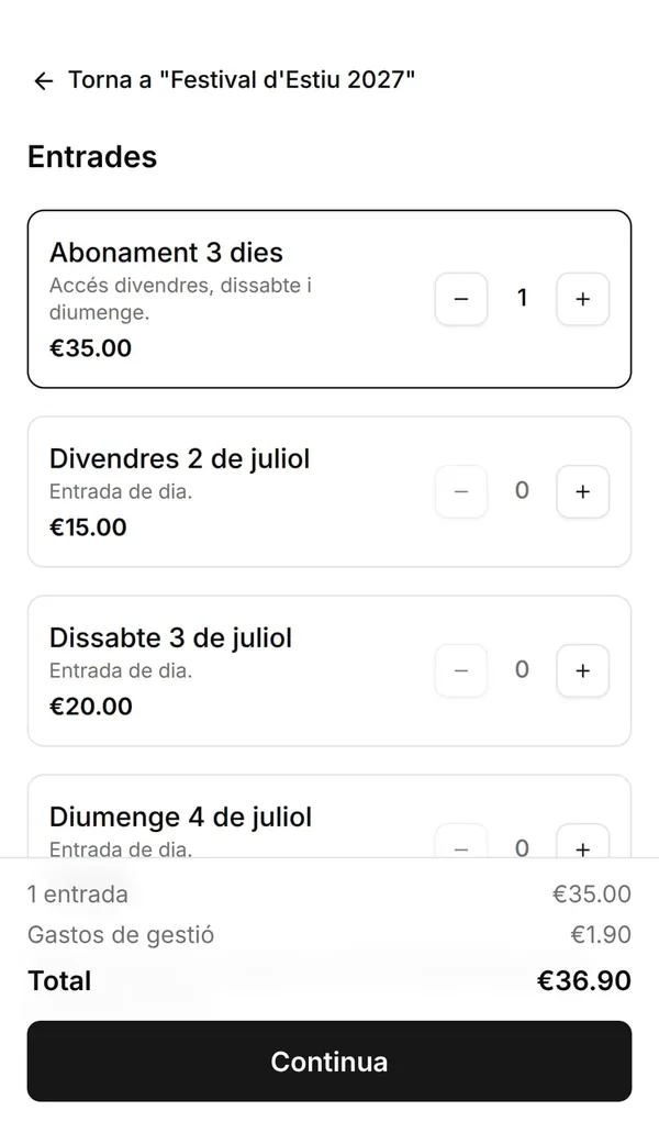 Selecció d'entrades d'un festival d'exemple: abonament de 3 dies i entrades de dia