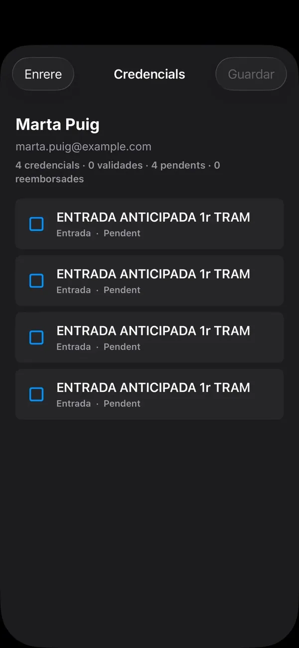 Fitxa d'un assistent a l'app Festejar Equip amb les seves entrades pendents de validar