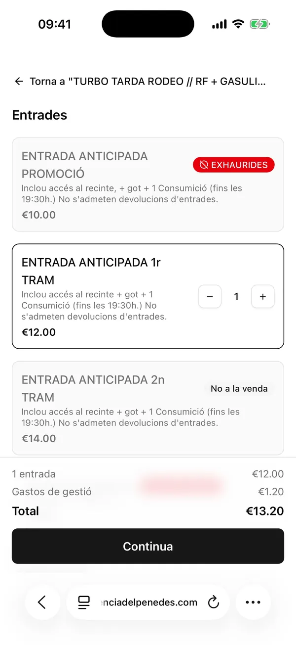 Pantalla de compra al mòbil amb l'entrada promoció exhaurida, el 1r tram a la venda i el 2n tram encara tancat