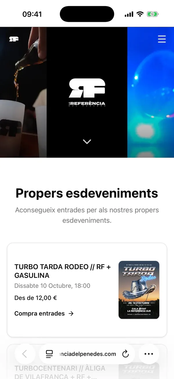 Agenda de propers esdeveniments al mòbil, amb el preu des de i el botó de compra